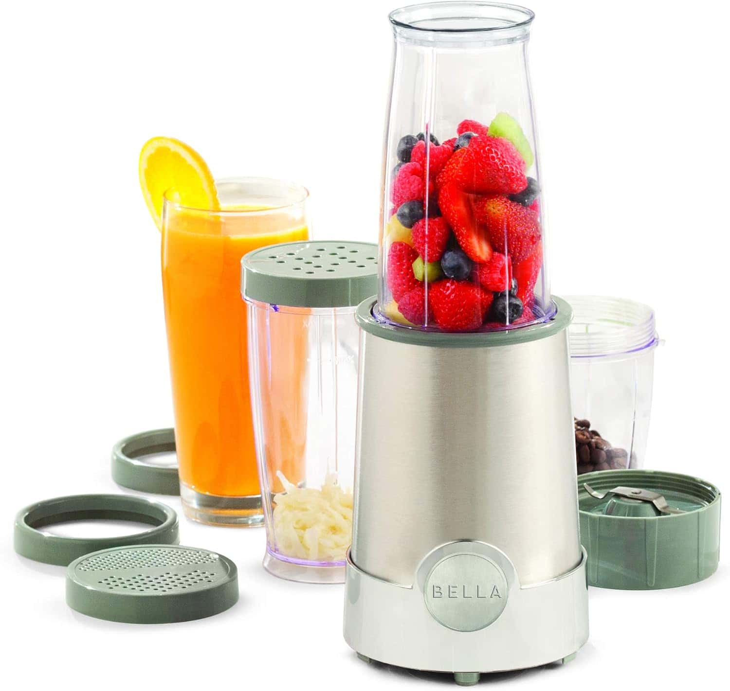 BELLA (13330) Personal Size Rocket Blender, Perfect for Smoothies & Healthy Drinks, Grinding, Chopping & Food Prep, 12 Piece Set, Stainless Steel/Chrome