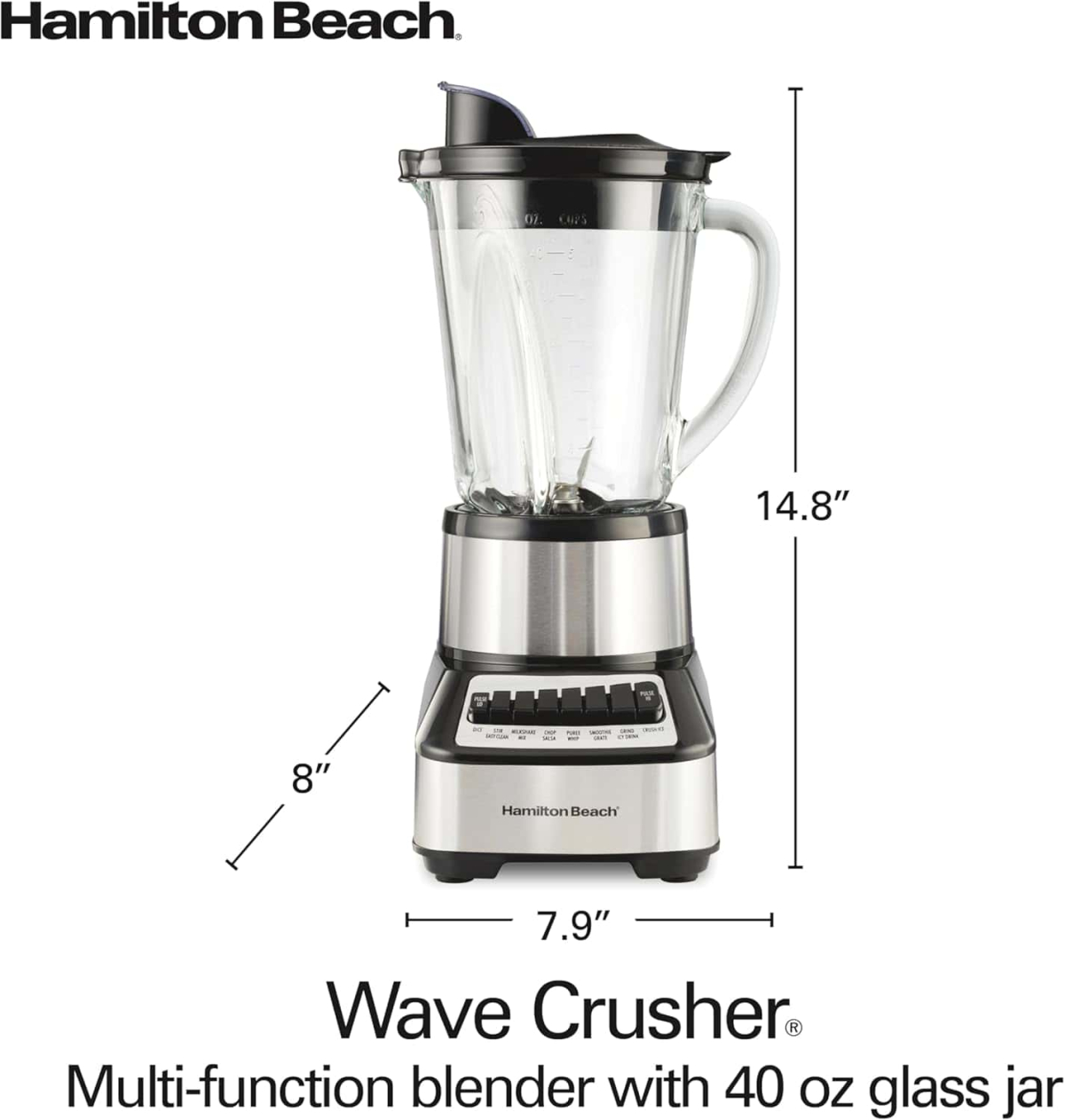 71rTMkzH86L._AC_SL1500_ Hamilton Beach Wave Crusher Blender For Smoothies With 40 Oz Glass Jar and 14 Functions, Ice Sabre Blades & 700 Watts for Consistently Smooth Results, Black + Stainless Steel (54221)