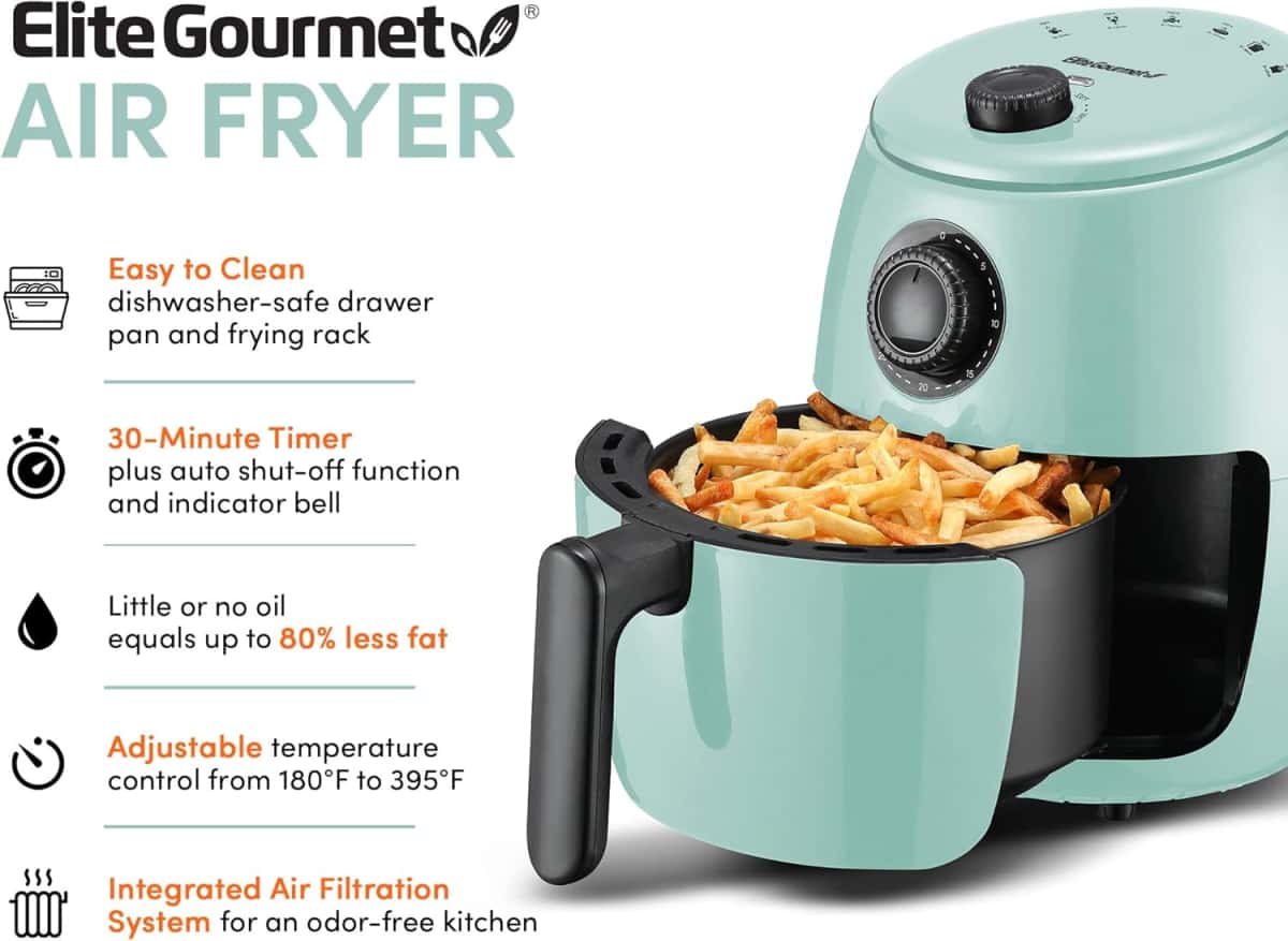 Elite Gourmet EAF0201BLX Personal Compact Space Saving Electric Hot Air Fryer Oil-Less Healthy Cooker, Timer & Temperature Controls, 1000W, 2.1 Quart, Mint