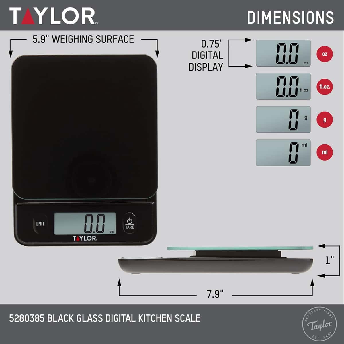 Taylor Glass Top Food Scale with Touch Controls, 11 lb Capacity, Sleek Black Design for Precision Food Measurement in Grams and Ounces