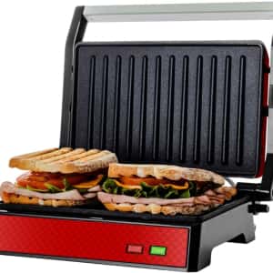 OVENTE Electric Indoor Panini Press Grill and Sandwich Maker with Non-Stick Coated Plates, Cool-Touch Handle and Removable Drip Tray, Opens 180 Degrees to Fit Any Type or Size of Food, Red GP0540R