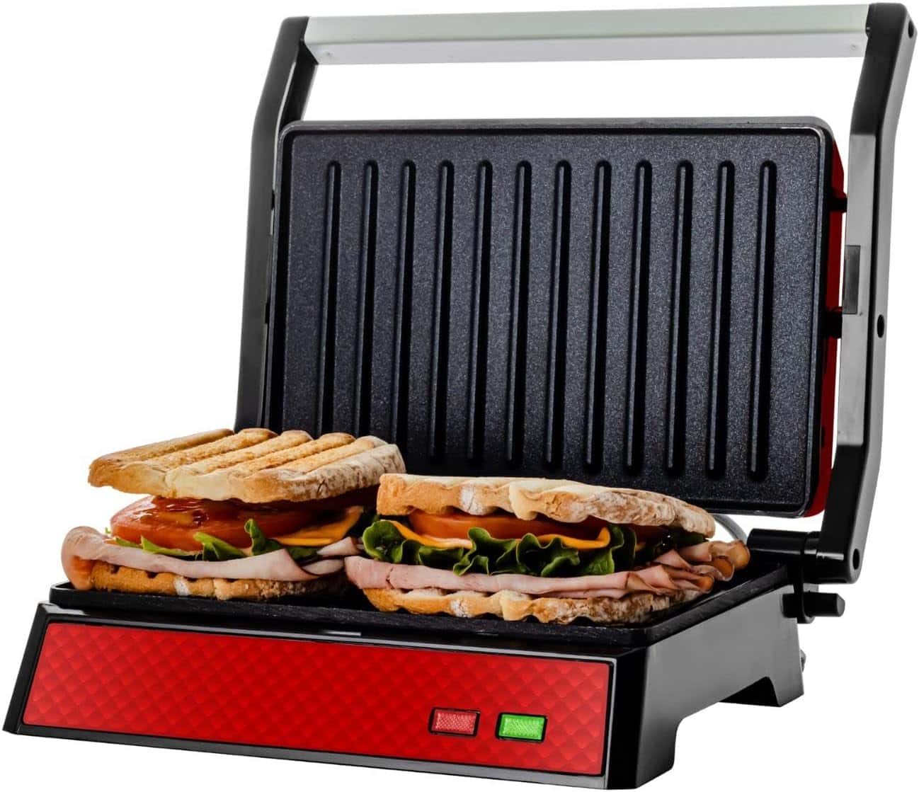OVENTE Electric Indoor Panini Press Grill and Sandwich Maker with Non-Stick Coated Plates, Cool-Touch Handle and Removable Drip Tray, Opens 180 Degrees to Fit Any Type or Size of Food, Red GP0540R