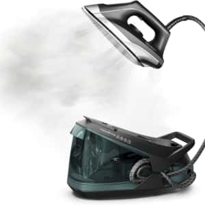Rowenta Iron Steamer for Clothes Master Steam Station, Professional Steam Iron for Clothes with Stainless Steel Soleplate, 57 Oz, 400 Microsteam Holes, Built-In Pump, 1750 Watts, Black/Green, VR8338