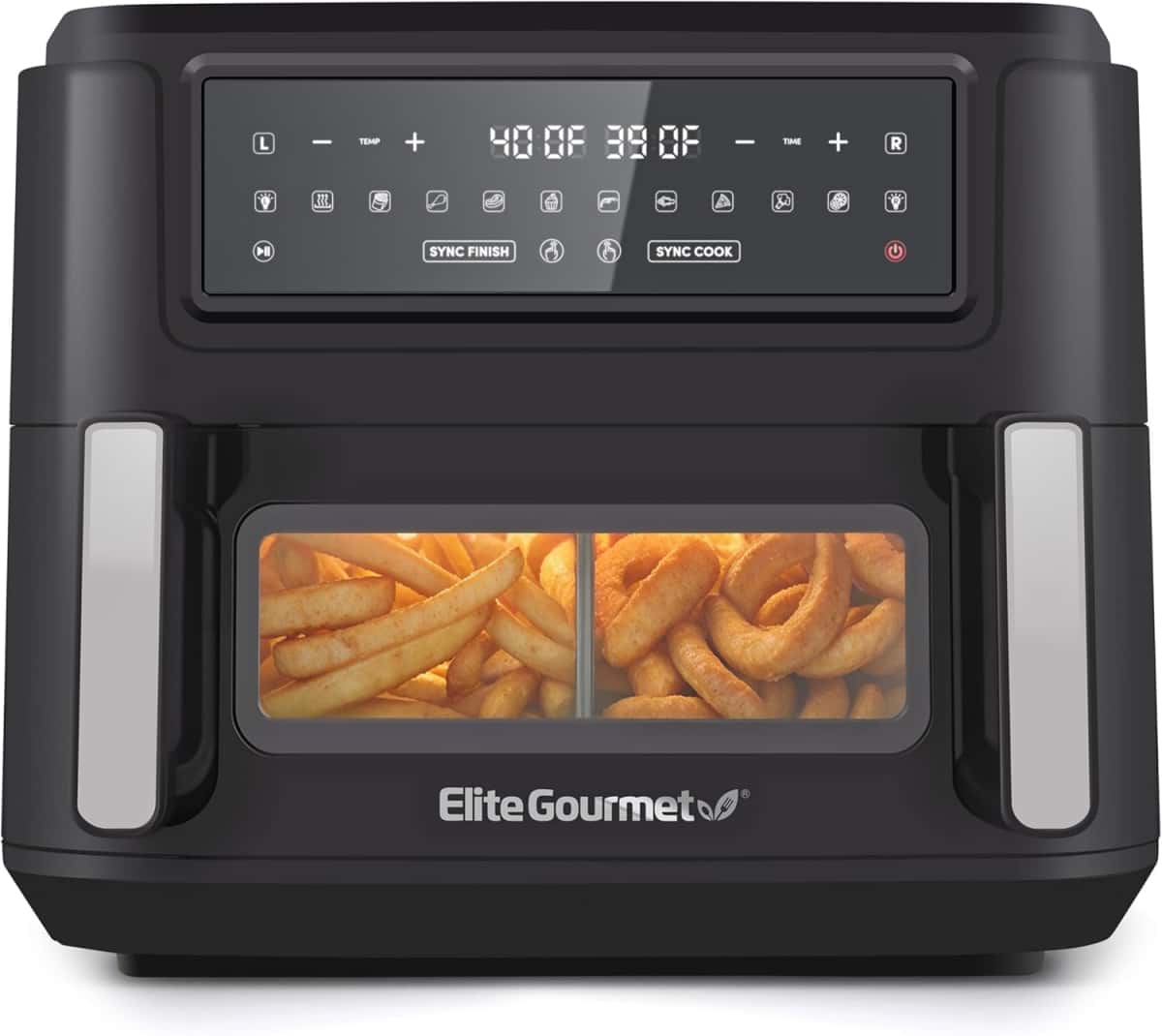 71xjgAuNLzL._AC_SL1500_ Elite Gourmet EAF1055D Dual Zone Air Fryer Oven, 11QT. Capacity with Divider, Sync Finish, Dishwasher Safe Basket, 10 Preset Functions, 1600-Watts, with Recipe Booklet, Black