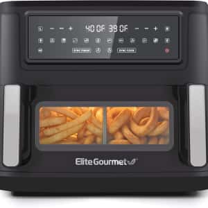 Elite Gourmet EAF1055D Dual Zone Air Fryer Oven, 11QT. Capacity with Divider, Sync Finish, Dishwasher Safe Basket, 10 Preset Functions, 1600-Watts, with Recipe Booklet, Black