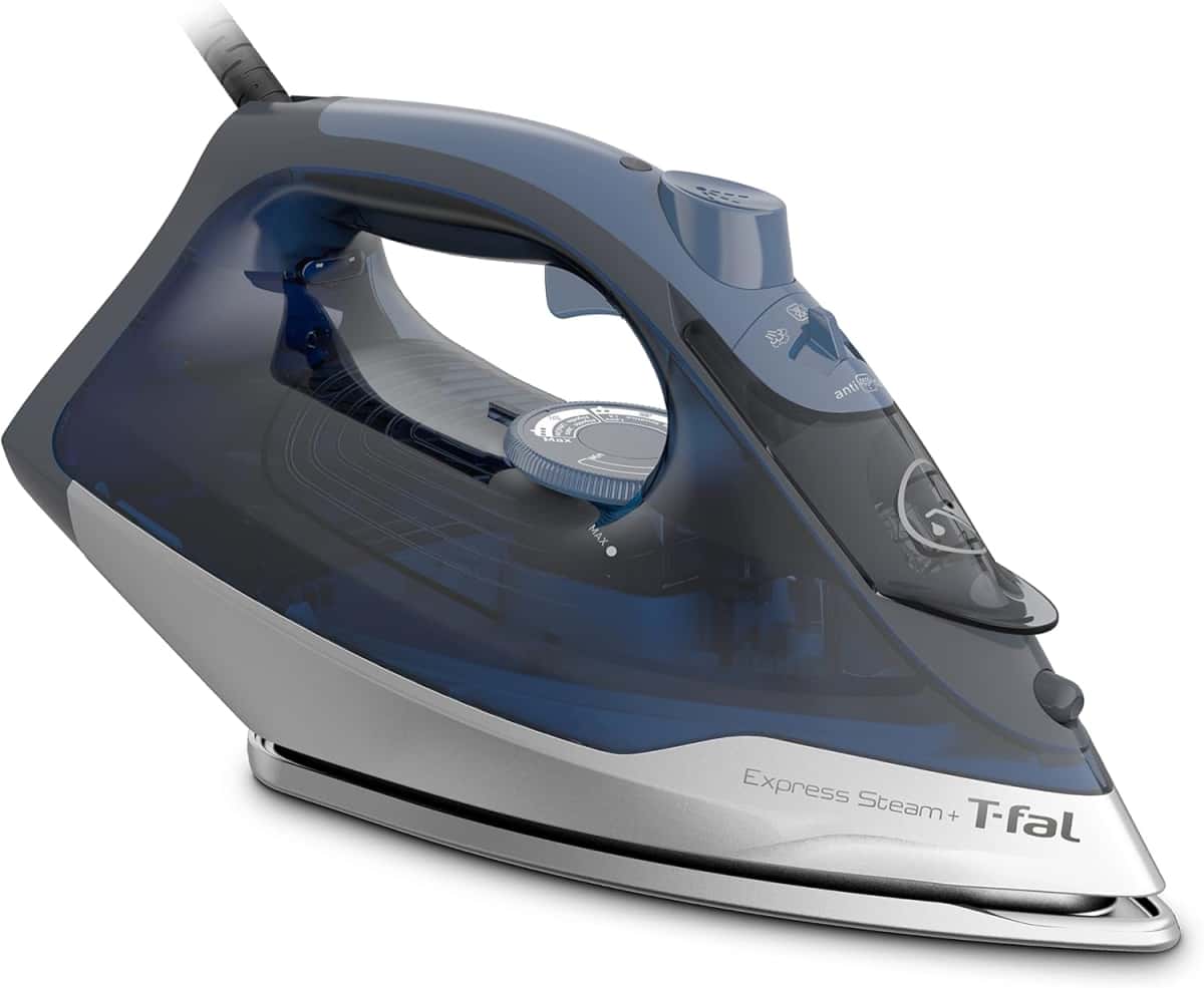 T-fal, Iron, Express Steam Iron for Clothes, Durilium Soleplate, Precision Tip, 30 Second Auto Shut Off, 1600 Watts, Anti-Drip, Ironing, Blue Clothes Iron, FV2886U0