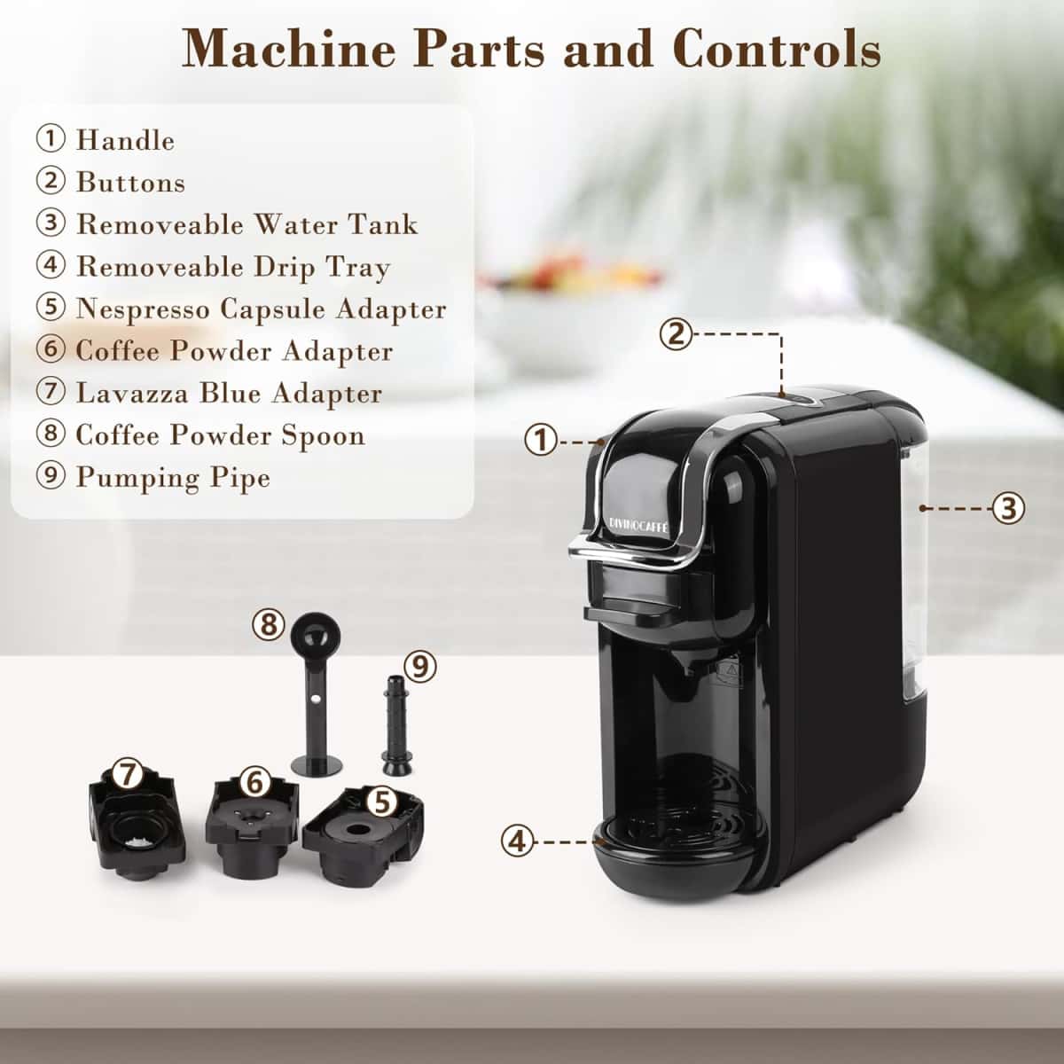 Espresso Maker for Nespresso Capsule, Lavazza Blue Capsule & Coffee Powder, 19 Bar Pump Pressure Makes Authentic Espresso Coffee, Mini Espresso Coffee Machines with Removable Water Tank.