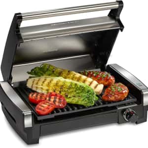 Hamilton Beach Electric Indoor Searing Grill with Adjustable Temperature Control to 450F, 118 sq. in. Surface Serves 6, PFAS-Free Removable Nonstick Grate, Stainless Steel (25360)