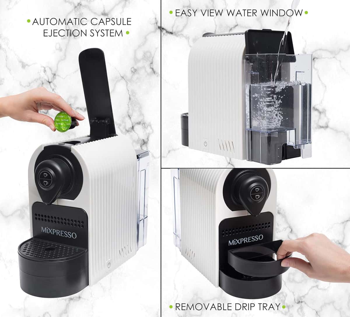 Mixpresso White Espresso Coffee Machine – Compact 1400W Single Serve Coffee Maker Compatible with Nespresso OriginalLine Capsules, One-Touch Operation, 19-Bar Italian Pump, 27oz Water Tank