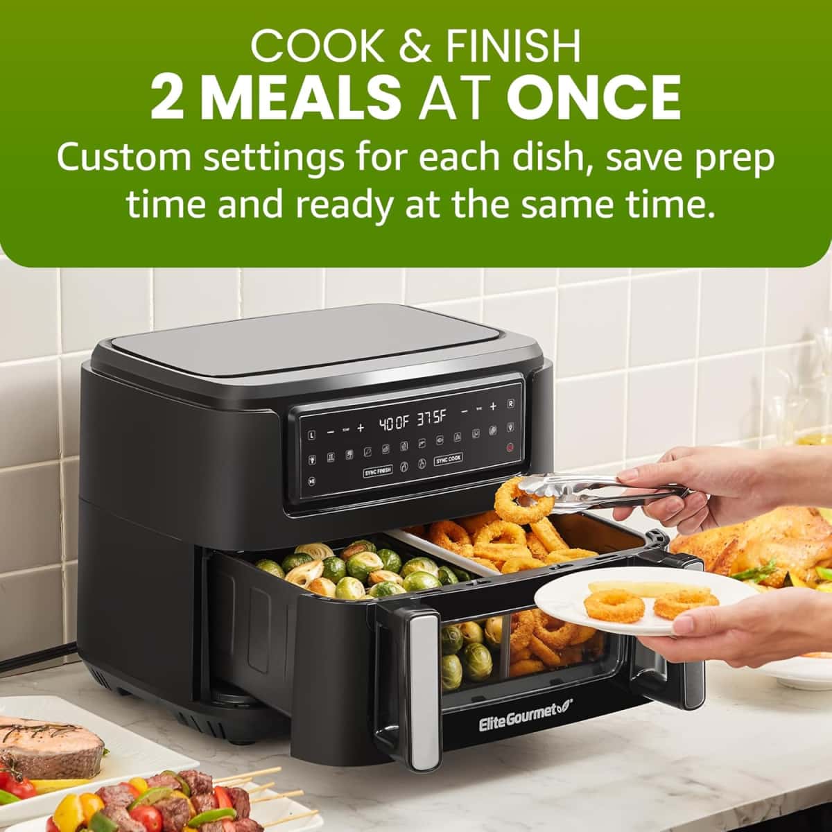 814Y1Z05IuL._AC_SL1500_ Elite Gourmet EAF1055D Dual Zone Air Fryer Oven, 11QT. Capacity with Divider, Sync Finish, Dishwasher Safe Basket, 10 Preset Functions, 1600-Watts, with Recipe Booklet, Black