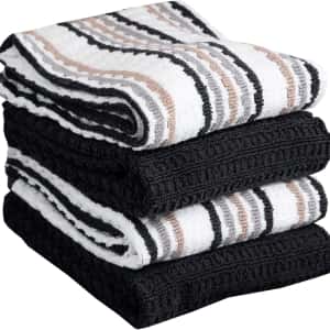 T-Fal Premium Kitchen Towel (4-Pack), 16"x26" Highly Absorbent, Super Soft Long Lasting 100% Cotton Solid/Check Hand Towels, Tea Towels, Charcoal