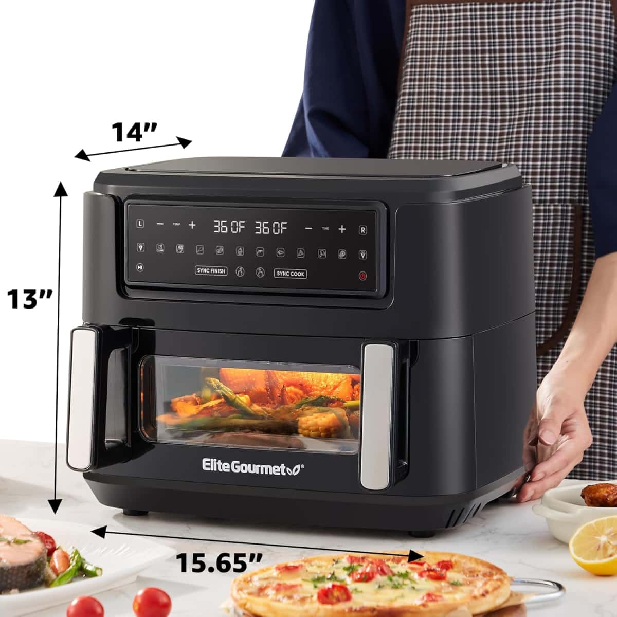 8192PdpN94L._AC_SL1500_ (1) Elite Gourmet EAF1055D Dual Zone Air Fryer Oven, 11QT. Capacity with Divider, Sync Finish, Dishwasher Safe Basket, 10 Preset Functions, 1600-Watts, with Recipe Booklet, Black