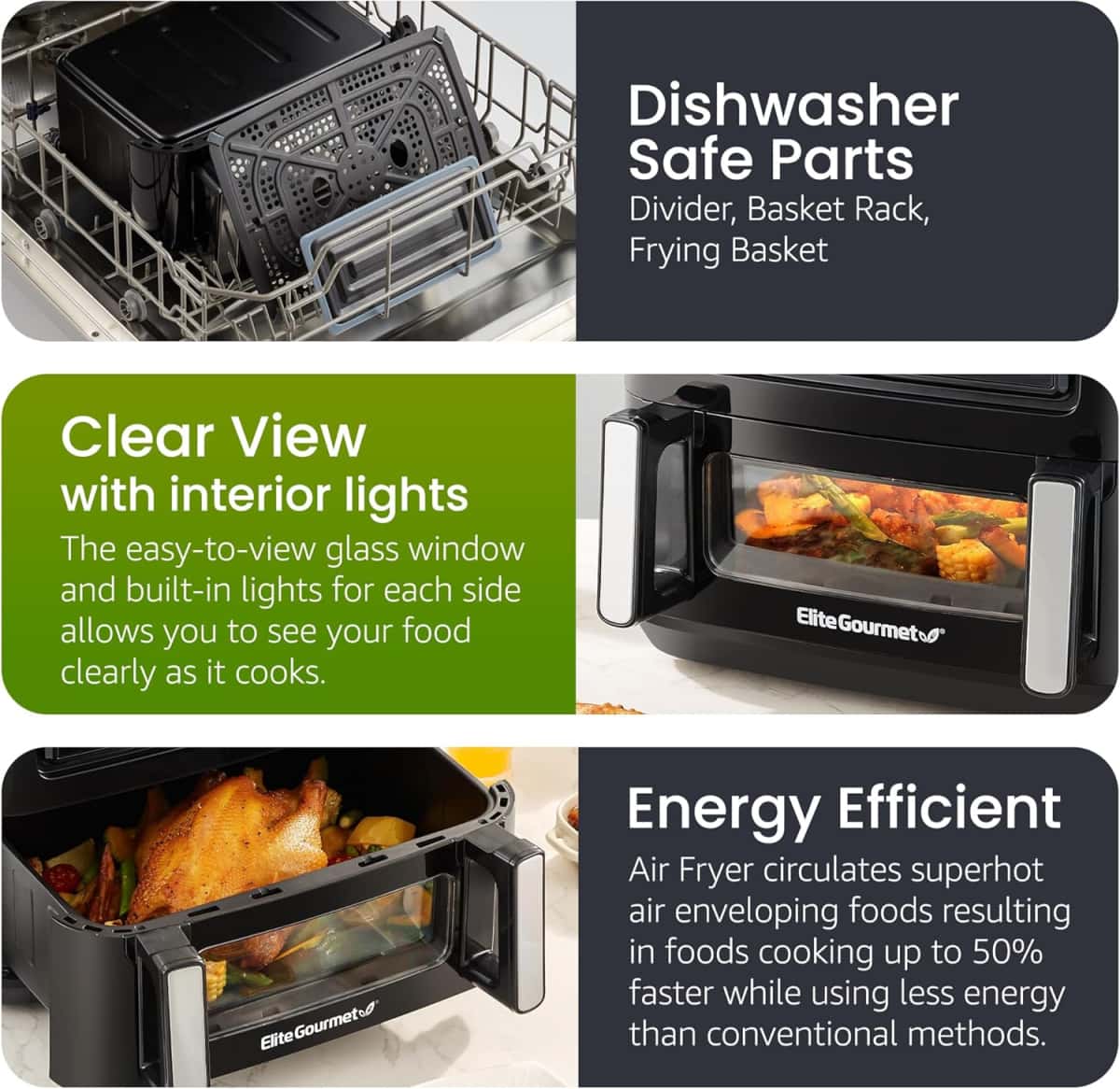 81ArPrfskUL._AC_SL1500_ Elite Gourmet EAF1055D Dual Zone Air Fryer Oven, 11QT. Capacity with Divider, Sync Finish, Dishwasher Safe Basket, 10 Preset Functions, 1600-Watts, with Recipe Booklet, Black