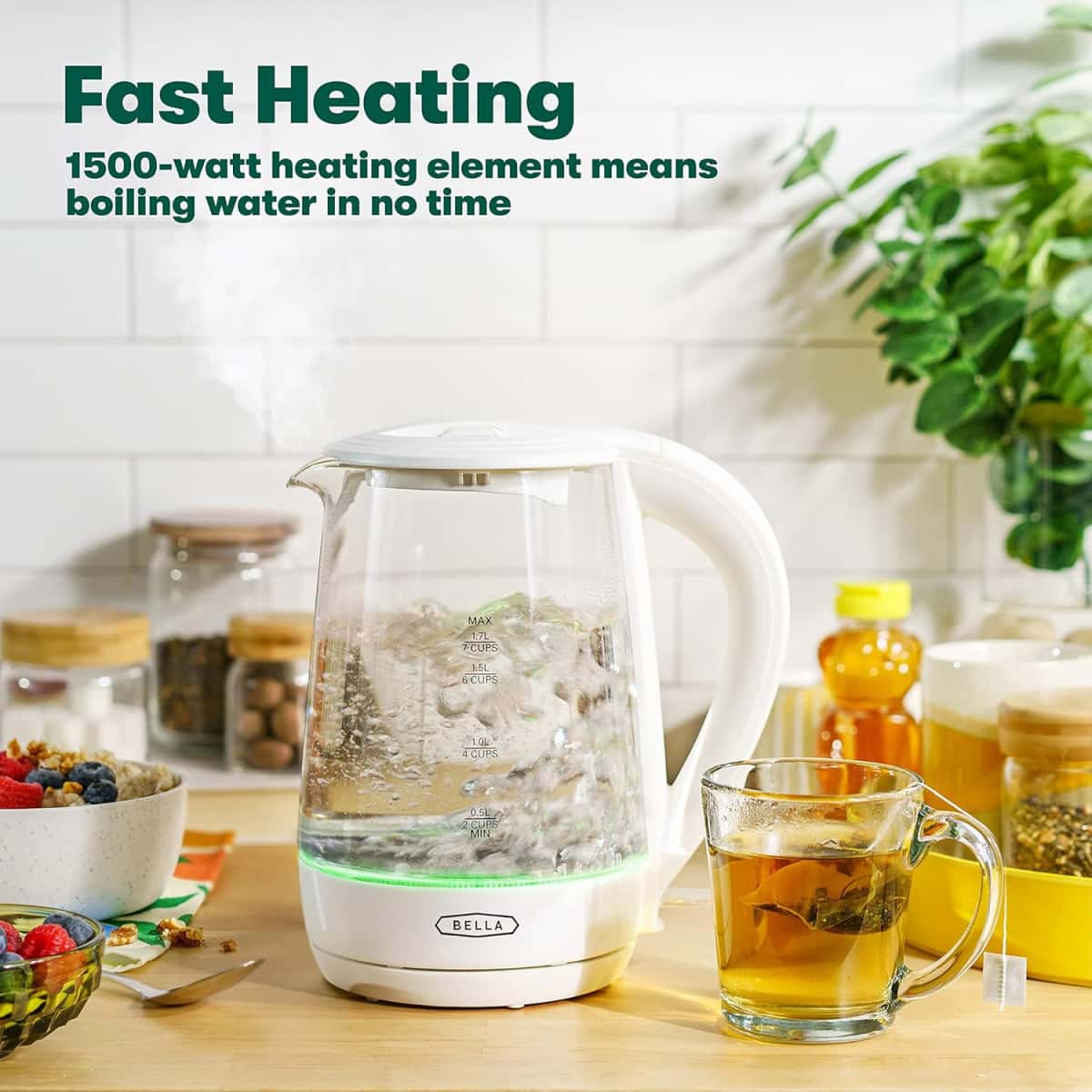 BELLA 1.7 Liter Glass Electric Kettle, Quickly Boil 7 Cups of Water in 6-7 Minutes, Soft Green LED Lights Illuminate While Boiling, Cordless Portable Water Heater, Carefree Auto Shut-Off, White