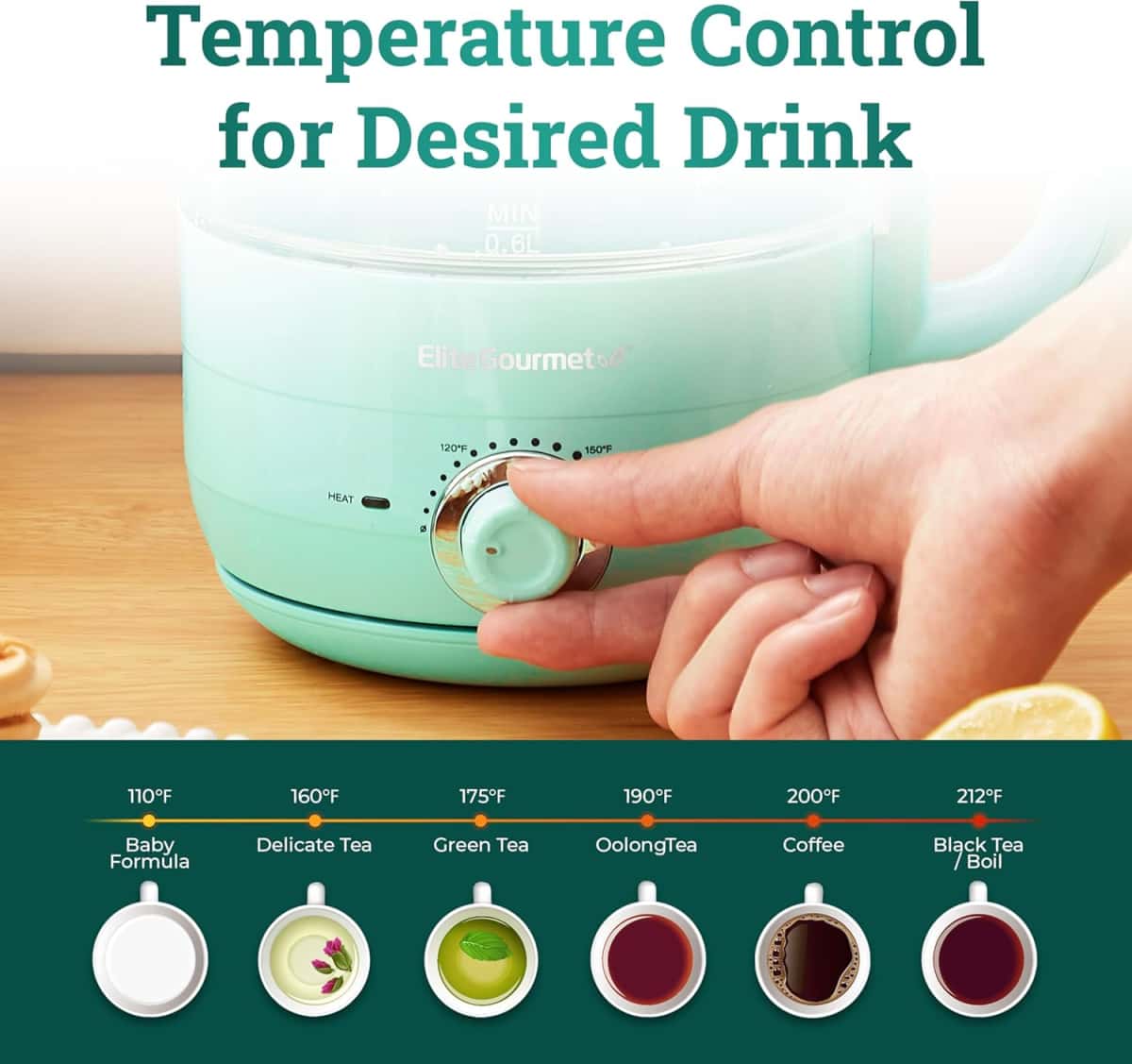 Elite Gourmet EKT1220M 1.2L Electric BPA-Free 1200W Glass Kettle, Temperature Dial Keep Warm Function, Cordless 360° Base, Blue LED Interior, Auto Shut-Off Function – Quick Boil, Mint