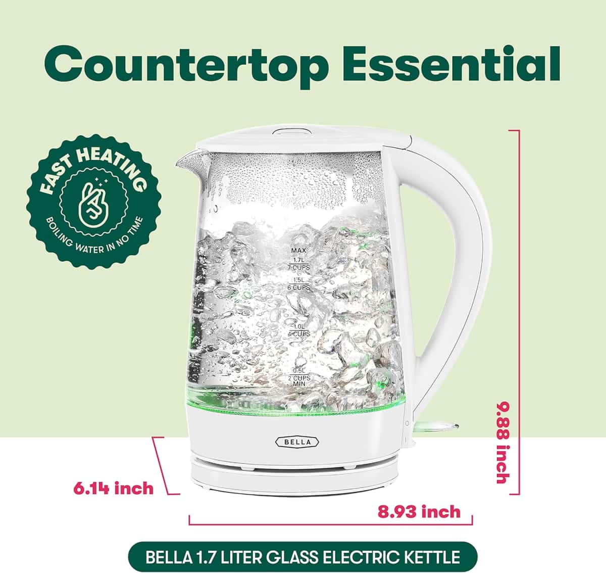 BELLA 1.7 Liter Glass Electric Kettle, Quickly Boil 7 Cups of Water in 6-7 Minutes, Soft Green LED Lights Illuminate While Boiling, Cordless Portable Water Heater, Carefree Auto Shut-Off, White