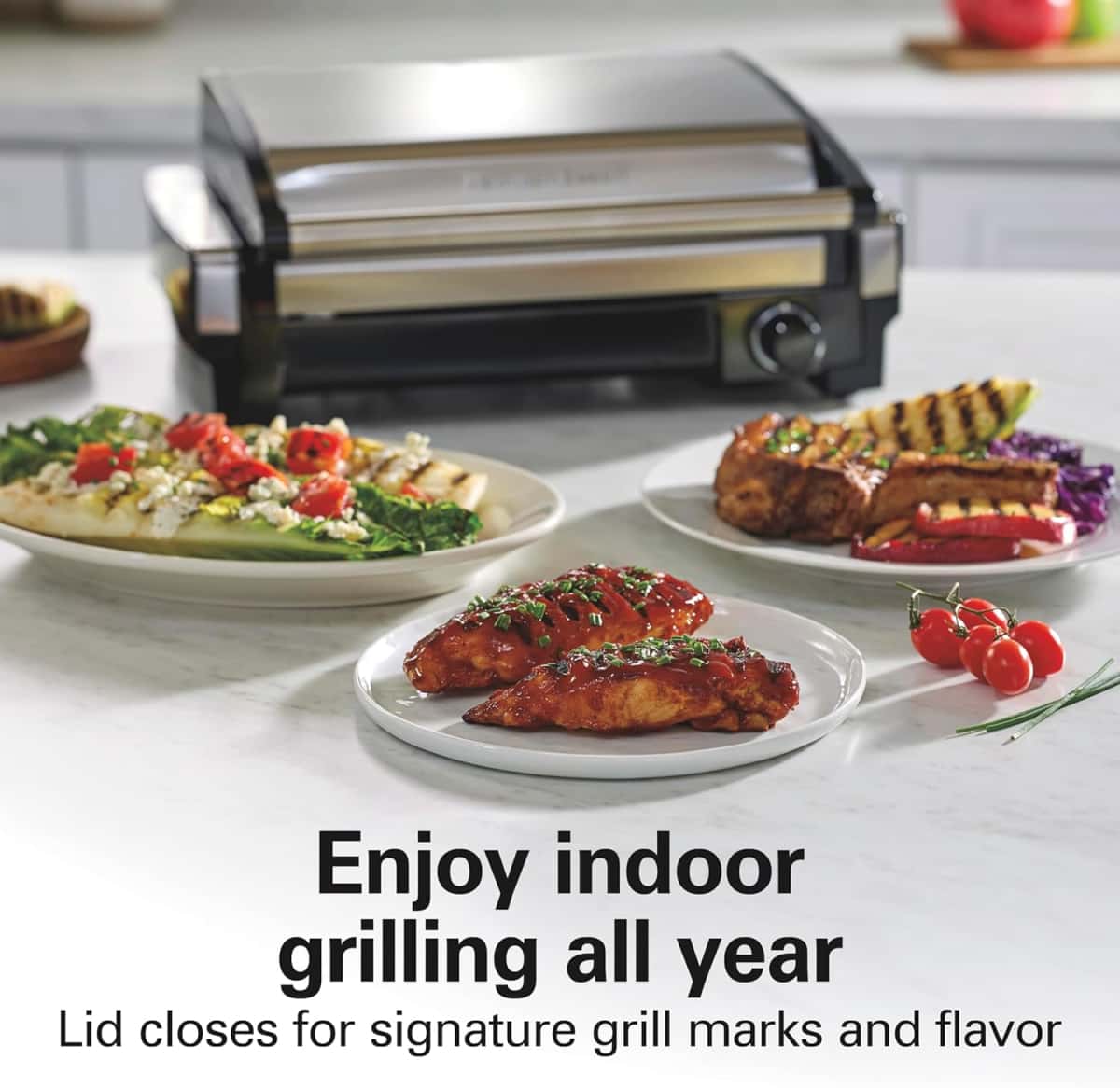 Hamilton Beach Electric Indoor Searing Grill with Adjustable Temperature Control to 450F, 118 sq. in. Surface Serves 6, PFAS-Free Removable Nonstick Grate, Stainless Steel (25360)