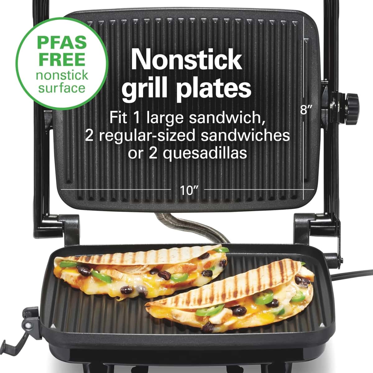 Hamilton Beach Panini Press Sandwich Maker & Electric Indoor Grill with Locking Lid, Opens Wide to Fit Any Thickness for Quesadillas, Burgers & More, Nonstick 8" x 10" Grids, Chrome (25460AG)