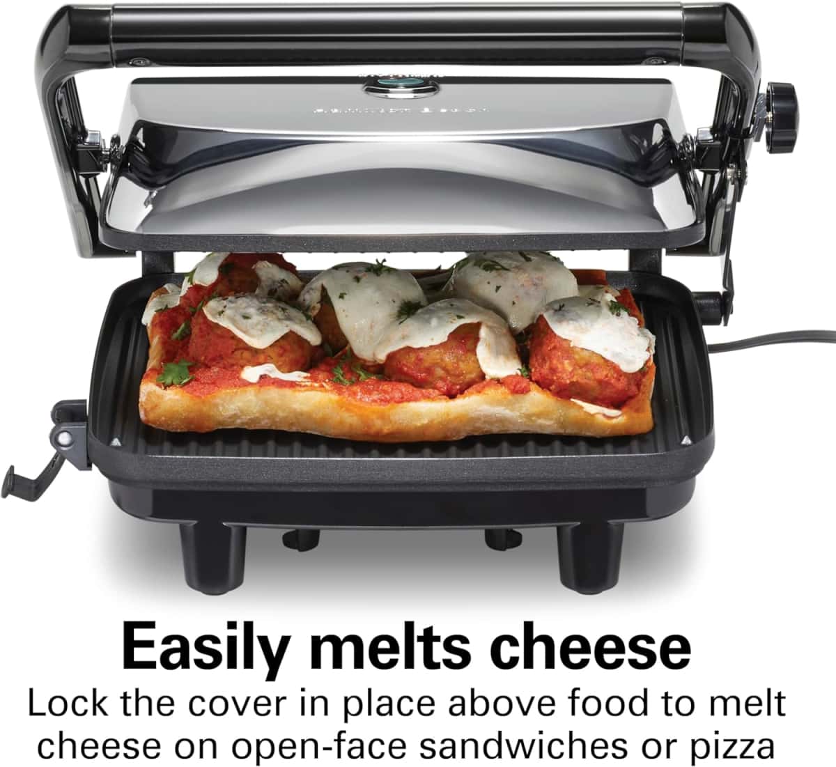 Hamilton Beach Panini Press Sandwich Maker & Electric Indoor Grill with Locking Lid, Opens Wide to Fit Any Thickness for Quesadillas, Burgers & More, Nonstick 8" x 10" Grids, Chrome (25460AG)