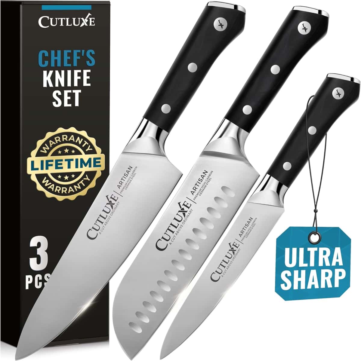Cutluxe Chef Knife Set, 3 PCS Professional Chef's Knife Set – Razor Sharp German Steel, Full Tang, Ergonomic Handles - Artisan Series
