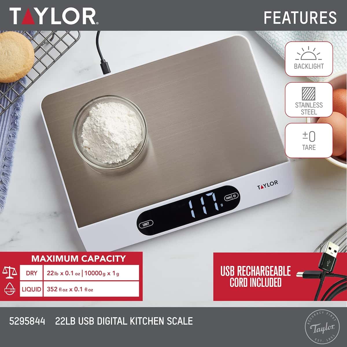 Taylor 22LB High Capacity Kitchen Food Scale with Stainless Steel Surface, Backlit Display, and USB Recharging Cord Included, White