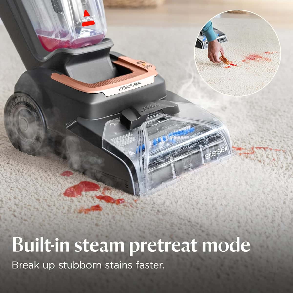 BISSELL Revolution HydroSteam Carpet Cleaner, Upright Deep Cleaner, HydroSteam Technology, 4-inch Self-Cleaning Tough Stain Tool & Formulas Included, 4123