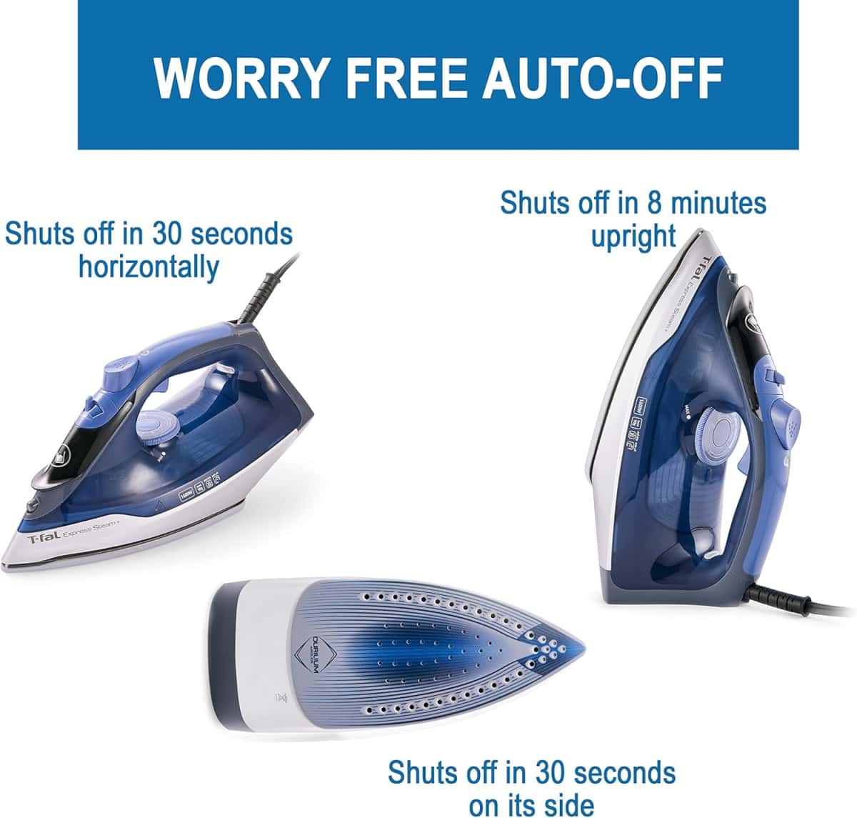 T-fal, Iron, Express Steam Iron for Clothes, Durilium Soleplate, Precision Tip, 30 Second Auto Shut Off, 1600 Watts, Anti-Drip, Ironing, Blue Clothes Iron, FV2886U0