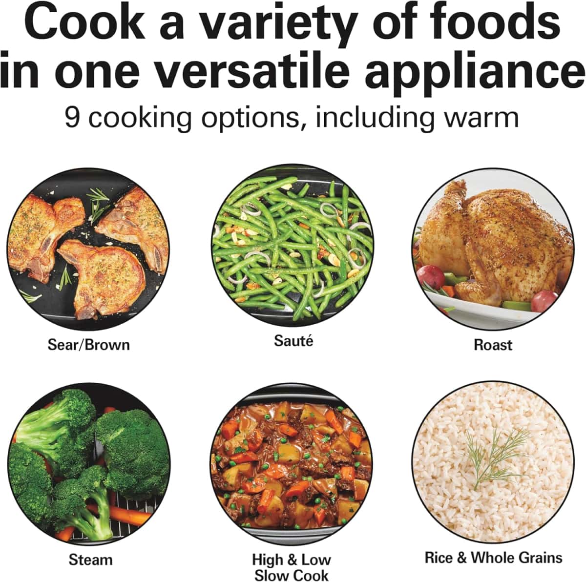 Hamilton Beach 6 Quart 9-in-1 Programmable Slow Cooker with Sear, Browning, Rice, Steam, Sauté, Roast Delay Start & Keep Warm Functions, Nonstick PFAS-Free Dishwasher Safe Crock, Black (33604)