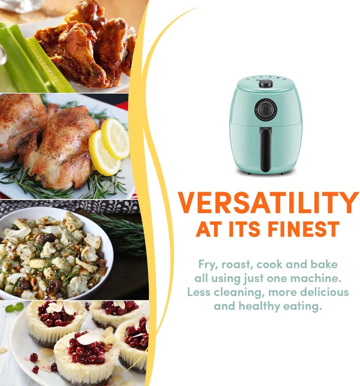 Elite Gourmet EAF0201BLX Personal Compact Space Saving Electric Hot Air Fryer Oil-Less Healthy Cooker, Timer & Temperature Controls, 1000W, 2.1 Quart, Mint