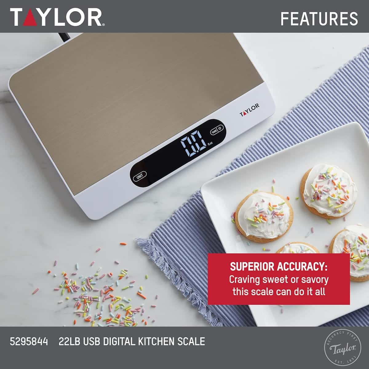 Taylor 22LB High Capacity Kitchen Food Scale with Stainless Steel Surface, Backlit Display, and USB Recharging Cord Included, White