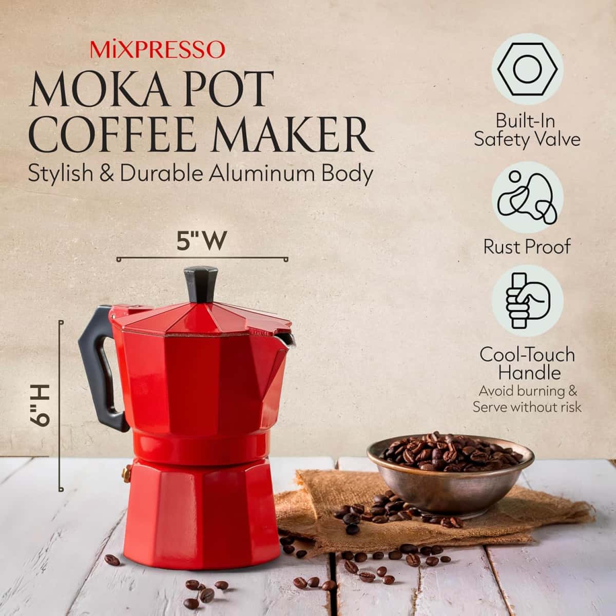 Mixpresso Red 3 Cup Moka Pot Cuban Coffee Maker, Moka Pot for Gas, Electric Stove Top, Classic Italian Coffee Maker, Stovetop Espresso Maker, Camping Pot Makes 3 Espresso Cup 5 Oz