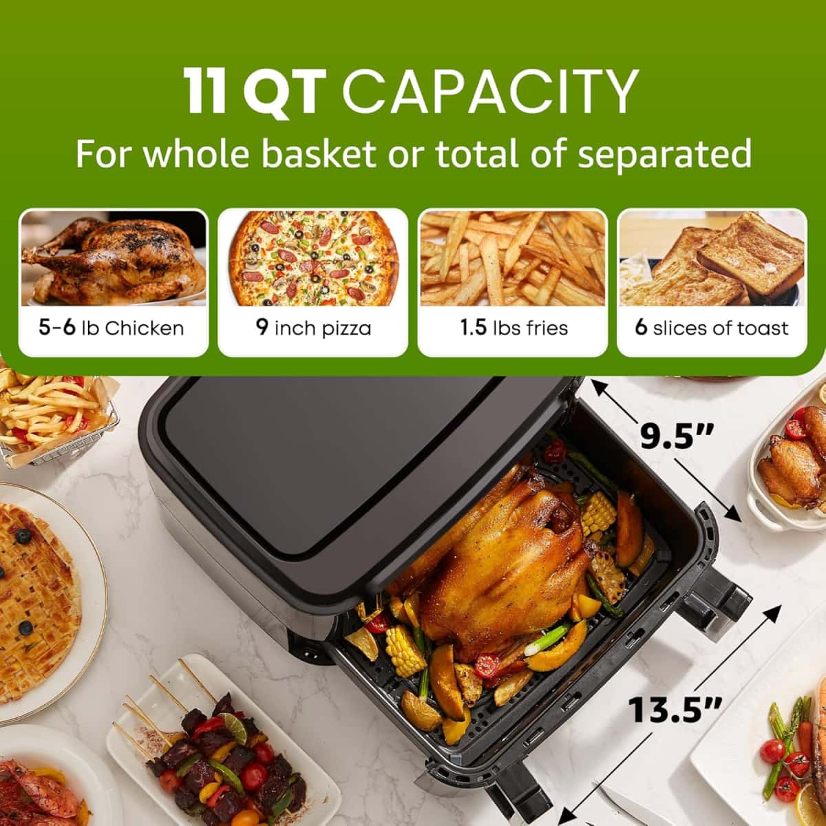 81ZDjOJe5+L._AC_SL1500_ Elite Gourmet EAF1055D Dual Zone Air Fryer Oven, 11QT. Capacity with Divider, Sync Finish, Dishwasher Safe Basket, 10 Preset Functions, 1600-Watts, with Recipe Booklet, Black