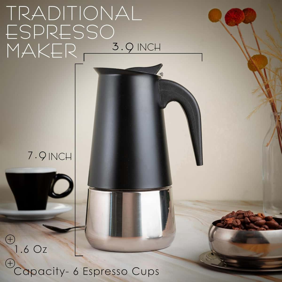 Mixpresso Black 6 Cup Greca Stovetop Espresso Pot 300ml/10oz, Moka Pot with Coffee Percolator Design, Stainless Steel Stove Top Coffee Maker for Camping or Home Use,Italian Stovetop Espresso Maker