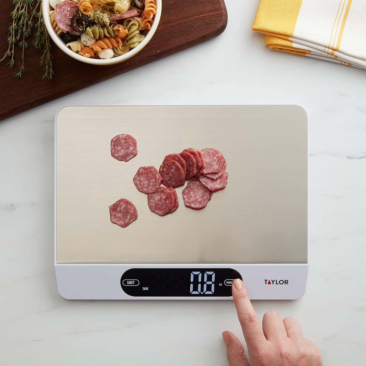 Taylor 22LB High Capacity Kitchen Food Scale with Stainless Steel Surface, Backlit Display, and USB Recharging Cord Included, White