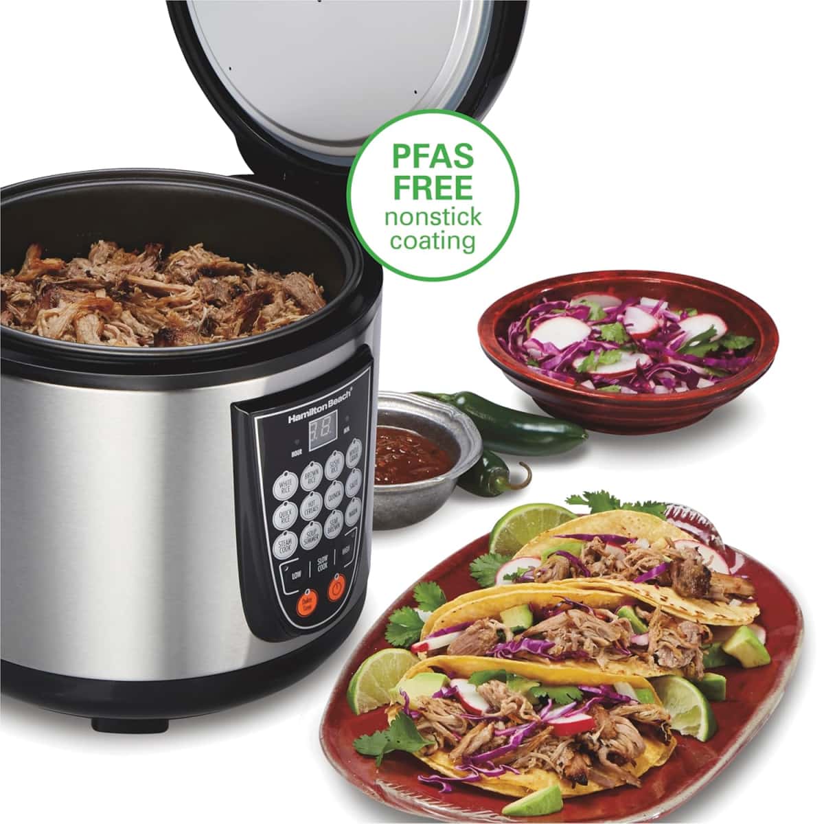Hamilton Beach Digital Programmable Rice and Slow Cooker & Food Steamer, 20 Cups Cooked (10 Cups Uncooked), 14 Pre-Programmed Settings for Sear Sauté, Hot Cereal, Soup, Nonstick Pot, Stainless Steel (37571MN)
