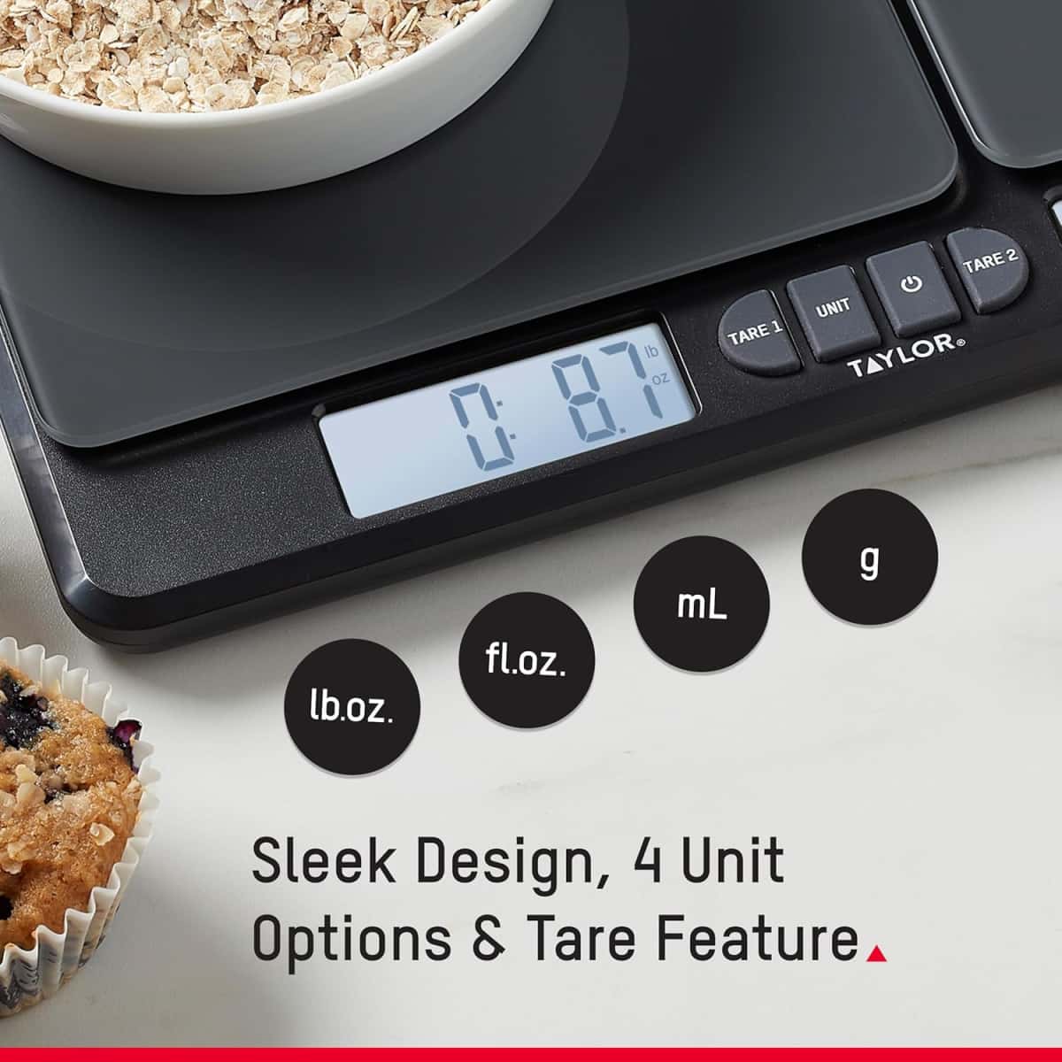 Taylor Dual Platform Food Kitchen Scale, Digital Grams and Ounces for Weight Loss, Baking, Cooking, Meal Prep, Spices, and Coffee, Backlit Display, Glass Platforms, 15lb, and 16oz Capacity, Black