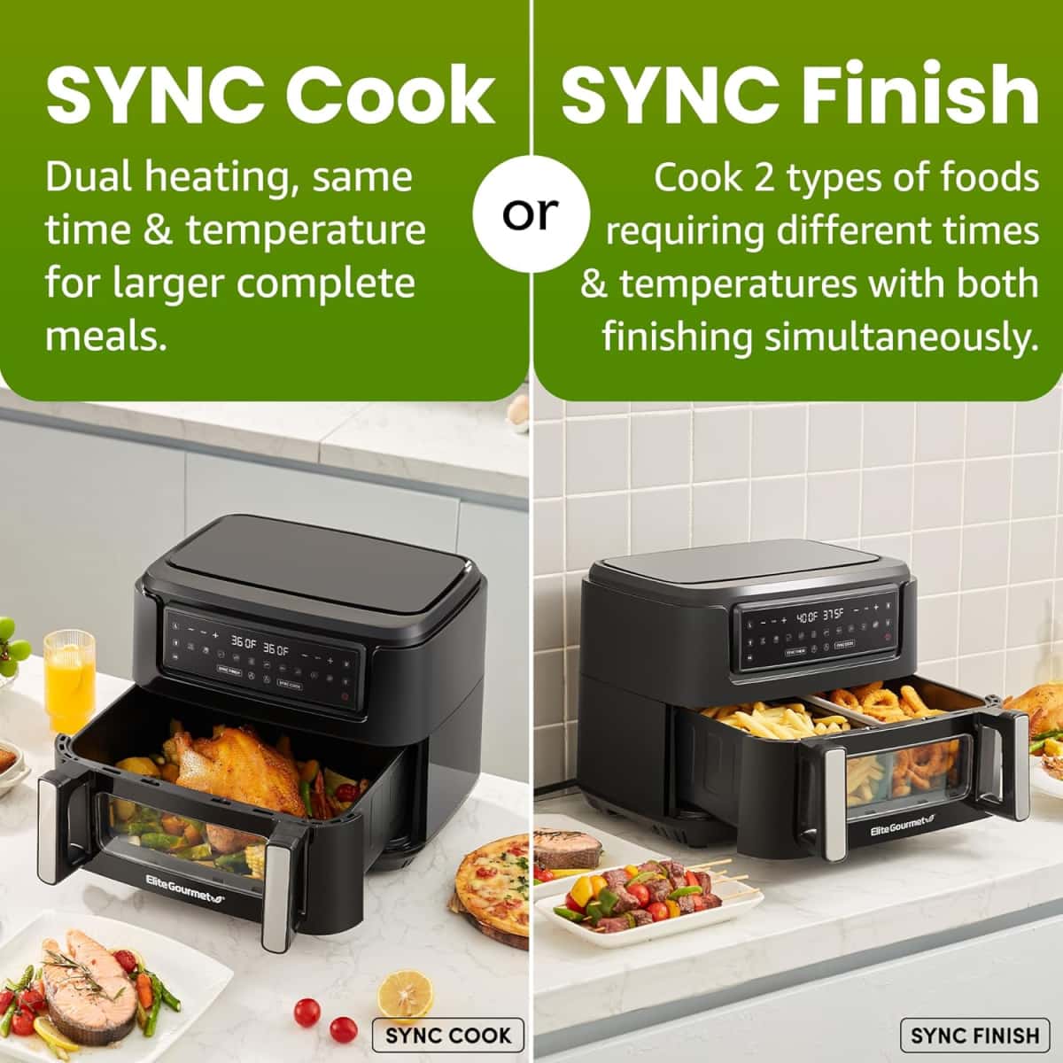 81gM5YcFO1L._AC_SL1500_ Elite Gourmet EAF1055D Dual Zone Air Fryer Oven, 11QT. Capacity with Divider, Sync Finish, Dishwasher Safe Basket, 10 Preset Functions, 1600-Watts, with Recipe Booklet, Black