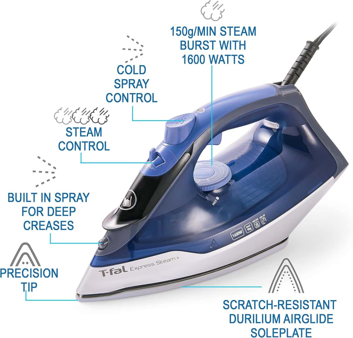 T-fal, Iron, Express Steam Iron for Clothes, Durilium Soleplate, Precision Tip, 30 Second Auto Shut Off, 1600 Watts, Anti-Drip, Ironing, Blue Clothes Iron, FV2886U0