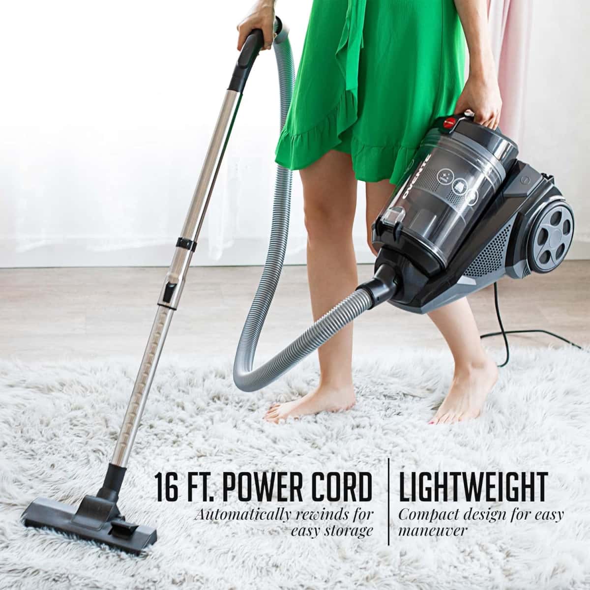 OVENTE Bagless Canister Vacuum Cleaner with 3L Dust Cup, Powerful Suction, Telescoping Wand, Retractable Cord and Accessories, 1400W Lightweight Cleaning Machine for Carpet & Hard Floor, Black ST2620B