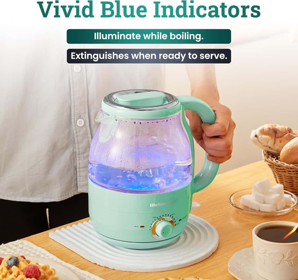 Elite Gourmet EKT1220M 1.2L Electric BPA-Free 1200W Glass Kettle, Temperature Dial Keep Warm Function, Cordless 360° Base, Blue LED Interior, Auto Shut-Off Function – Quick Boil, Mint