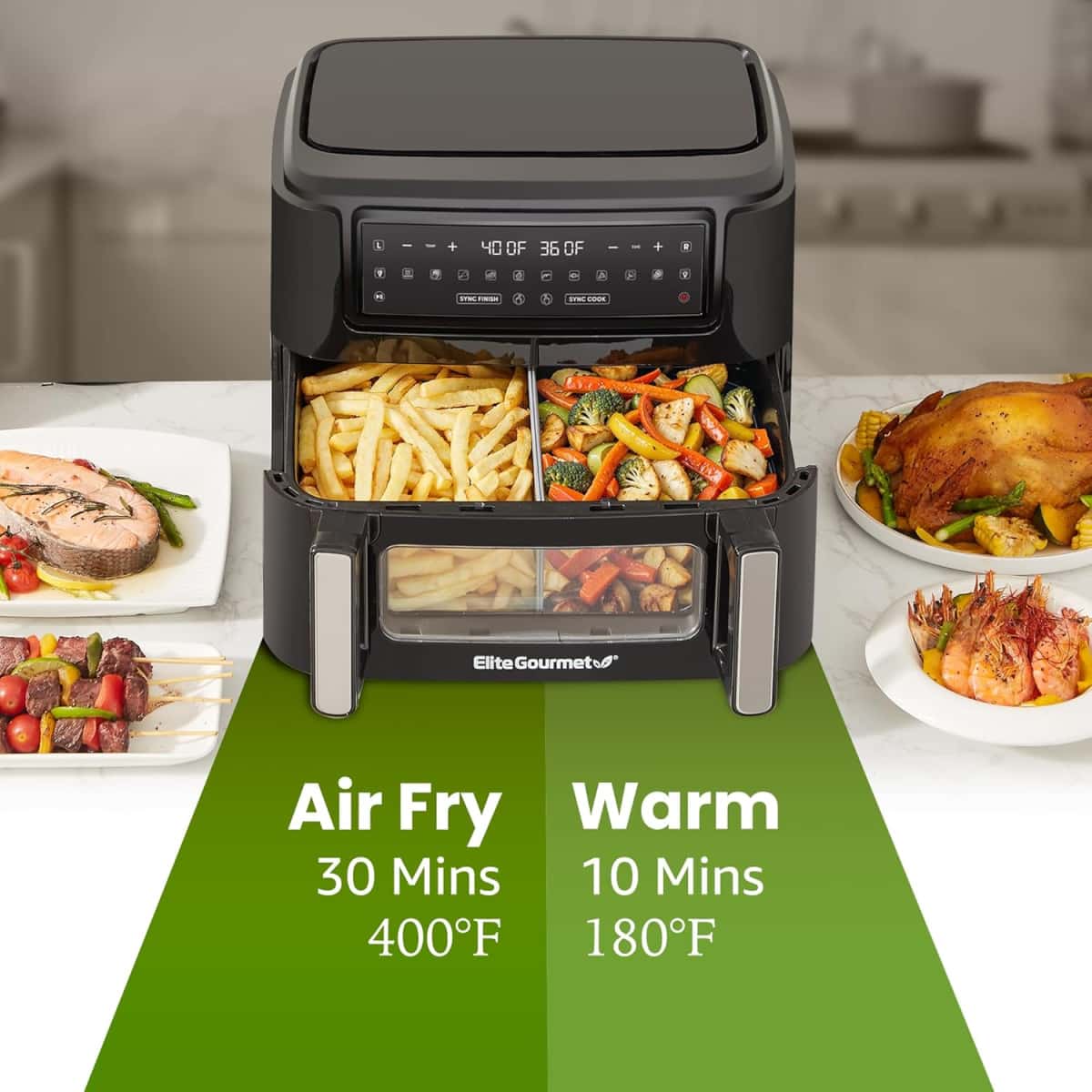 81l+ck8juLL._AC_SL1500_ Elite Gourmet EAF1055D Dual Zone Air Fryer Oven, 11QT. Capacity with Divider, Sync Finish, Dishwasher Safe Basket, 10 Preset Functions, 1600-Watts, with Recipe Booklet, Black
