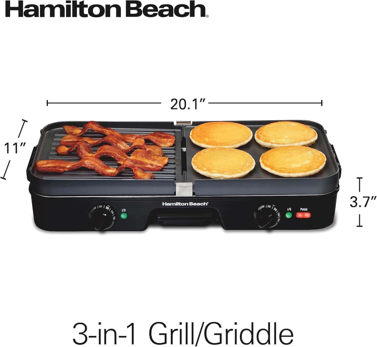 Hamilton Beach 3-in-1 Electric Indoor Grill + Griddle, 8-Serving, Reversible Nonstick Plates, 2 Cooking Zones with Adjustable Temperature (38546), Black