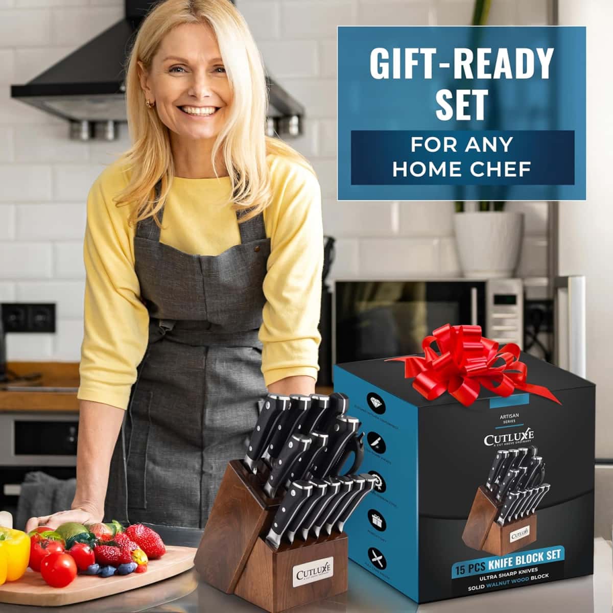 Cutluxe 15-Piece Knife Set – High Carbon German Steel Blades, Full Tang Design & Ergonomic Pakkawood Handles in Walnut Wood Block – Artisan Series