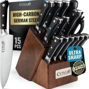 Cutluxe 15-Piece Knife Set – High Carbon German Steel Blades, Full Tang Design & Ergonomic Pakkawood Handles in Walnut Wood Block – Artisan Series