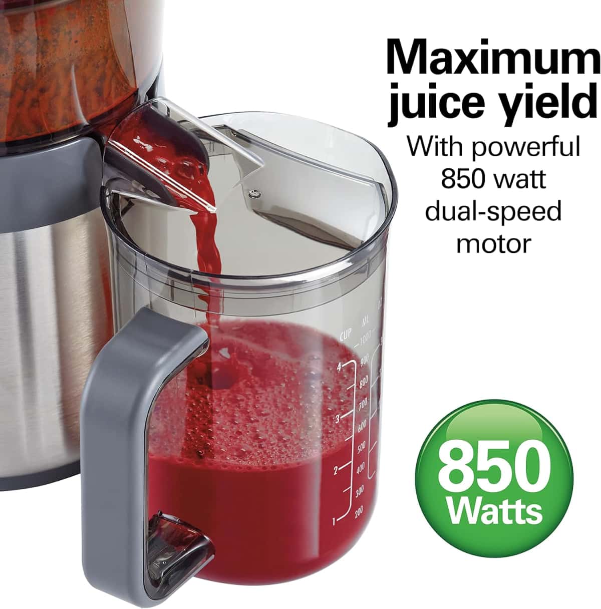 Hamilton Beach Juicer Machine, Centrifugal Extractor, Big Mouth 3" Feed Chute, Easy Clean, 2-Speeds, 40 oz. BPA Free Pitcher, 850 Watt Motor, Silver (67850)