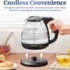 Elite Gourmet EKT1001 Electric 1.0L BPA-Free 1100W Glass Kettle Cordless 360° Base, Stylish Blue LED Interior, Handy Auto Shut-Off Function – Quickly Boil Water For Tea & More, Black