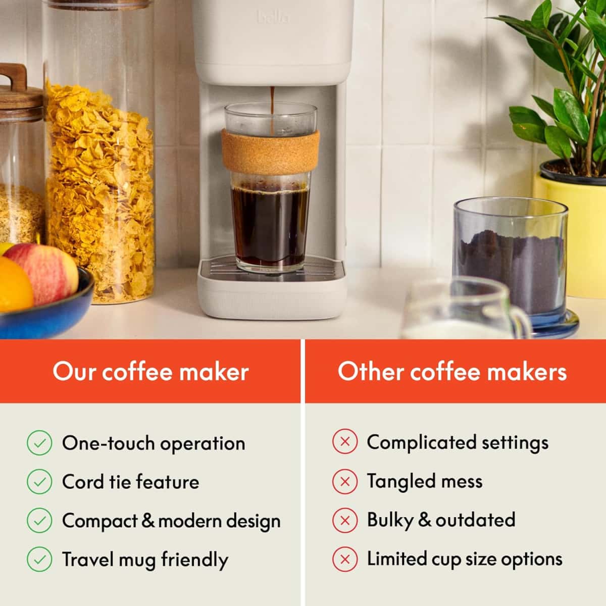 BELLA Single Serve Coffee Maker, K Cup & Coffee Ground Compatible with Removable, Adjustable Drip Tray, Auto Shutoff & Reusable Dishwasher Safe Accessories, Brews 6oz to 14oz, 1000 Watt, Oatmilk