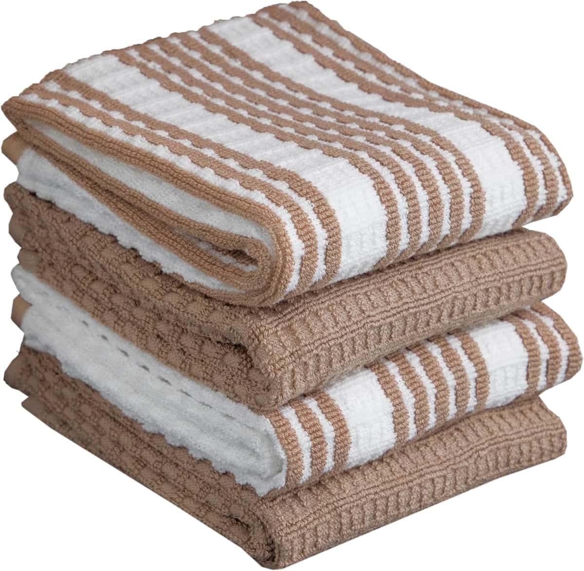 T-Fal Premium Kitchen Towel (4-Pack), 16"x26" Highly Absorbent, Super Soft Long Lasting 100% Cotton Solid/Check Hand Towels, Tea Towels, Sand