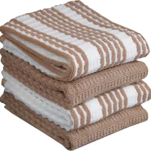 T-Fal Premium Kitchen Towel (4-Pack), 16"x26" Highly Absorbent, Super Soft Long Lasting 100% Cotton Solid/Check Hand Towels, Tea Towels, Sand