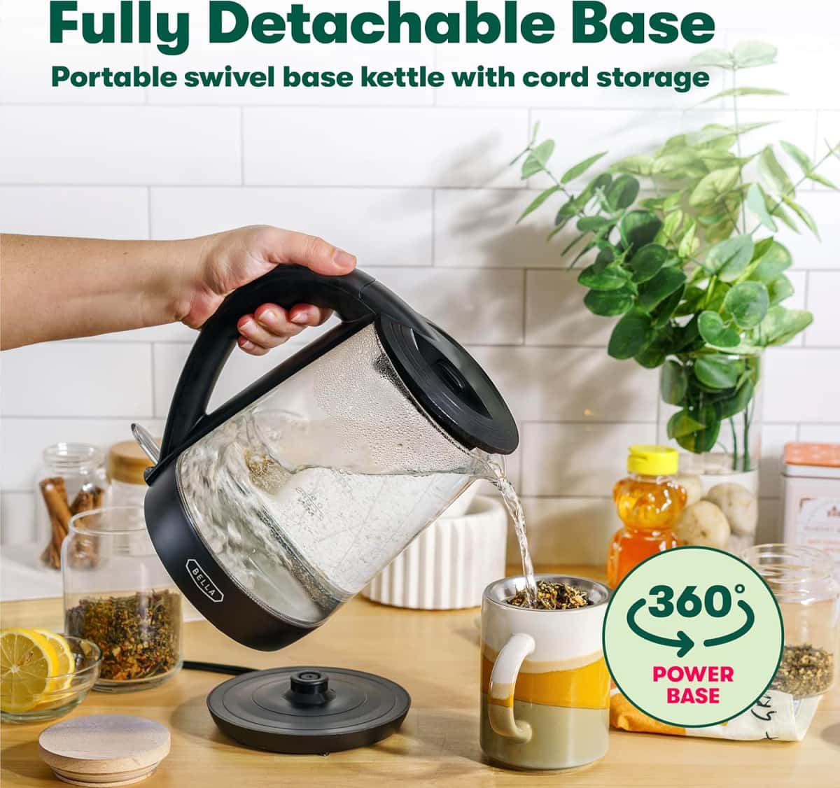 bella 1.7 Liter Glass Electric Kettle, Quickly Boil 7 Cups of Water in 6-7 Minutes, Soft Blue LED Lights Illuminate While Boiling, Cordless Portable Water Heater, Carefree Auto Shut-Off, Black